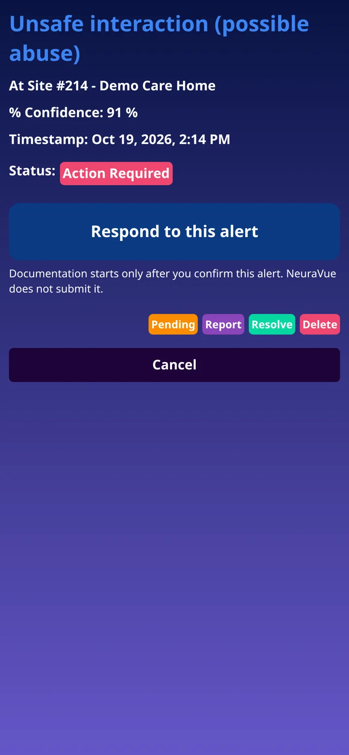Demo phone screen showing an unsafe interaction alert, with demo data.