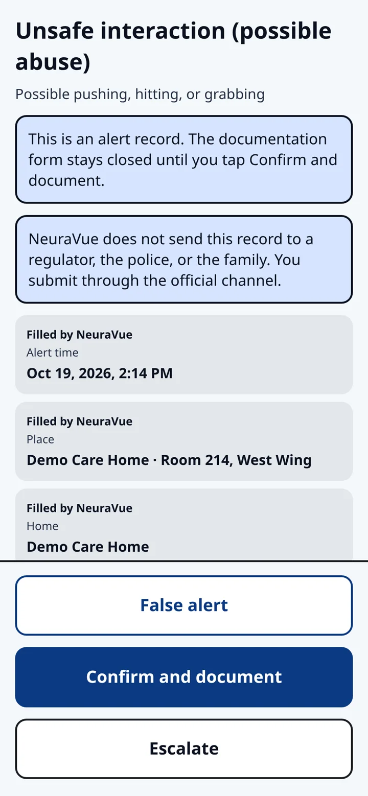 Demo phone screen where a nurse confirms the alert before documentation starts.