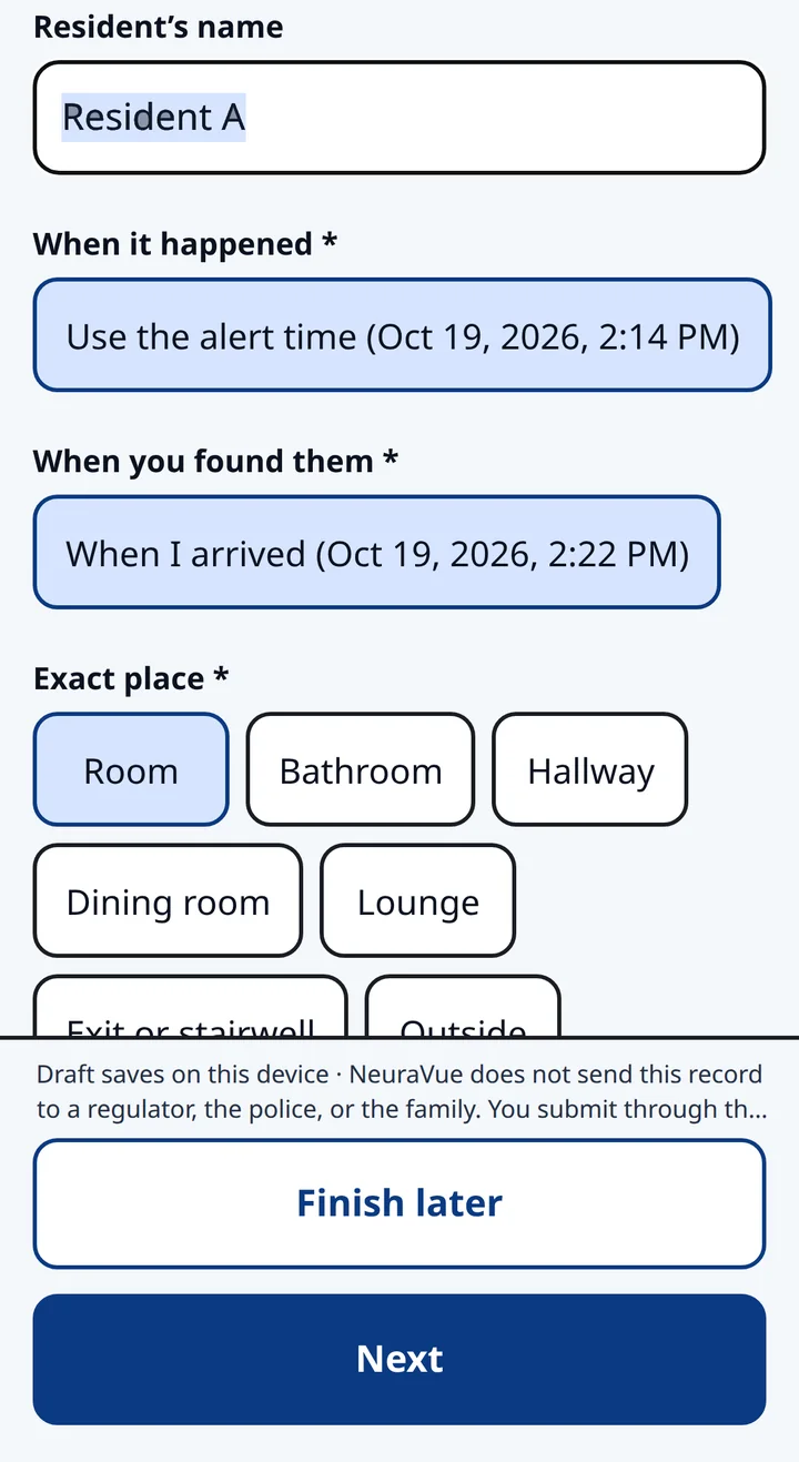 Demo phone screen of a pre-filled incident record the nurse can review and edit.