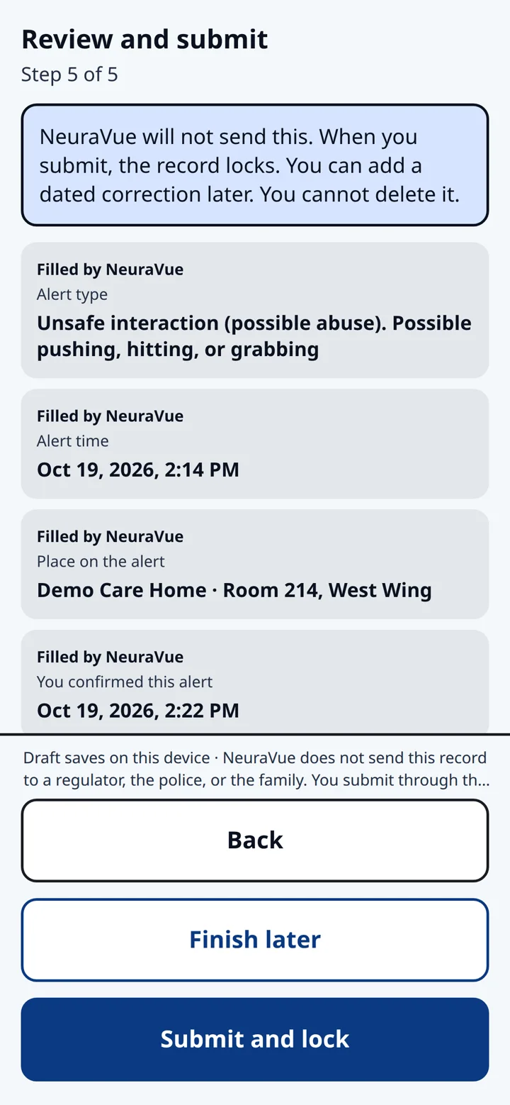 Demo phone screen where a nurse reviews the incident record before submitting it.