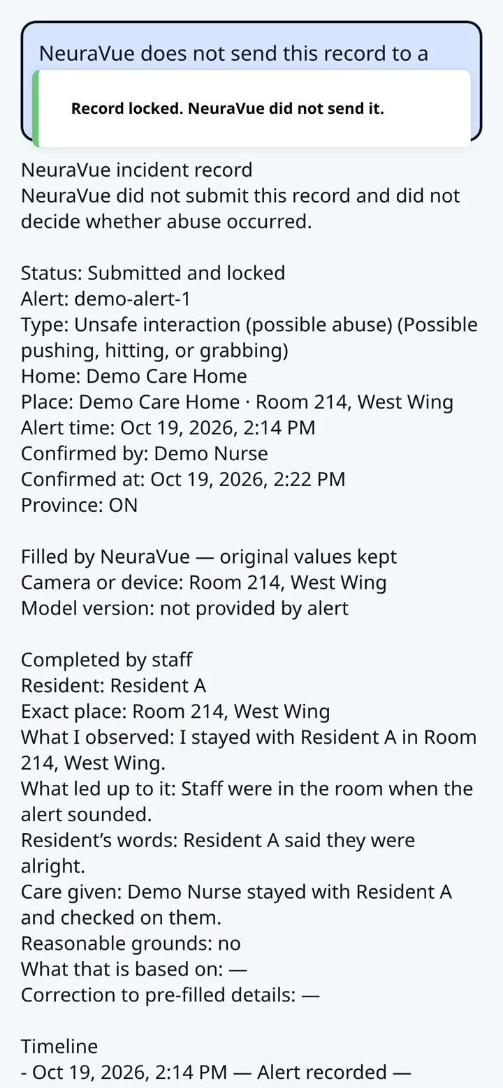 Demo phone screen showing a submitted and locked incident record.