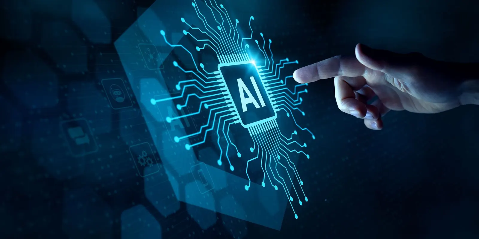 Une main pointe une puce informatique sur laquelle figure le mot AI.