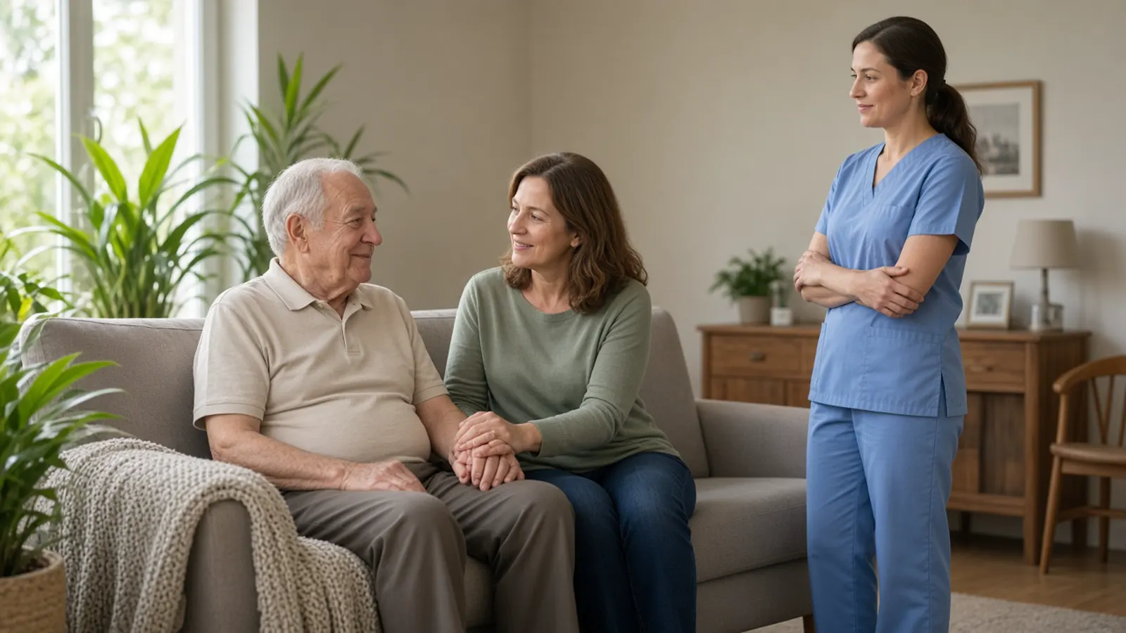 A daughter visits her father in a common room, with a nurse nearby.