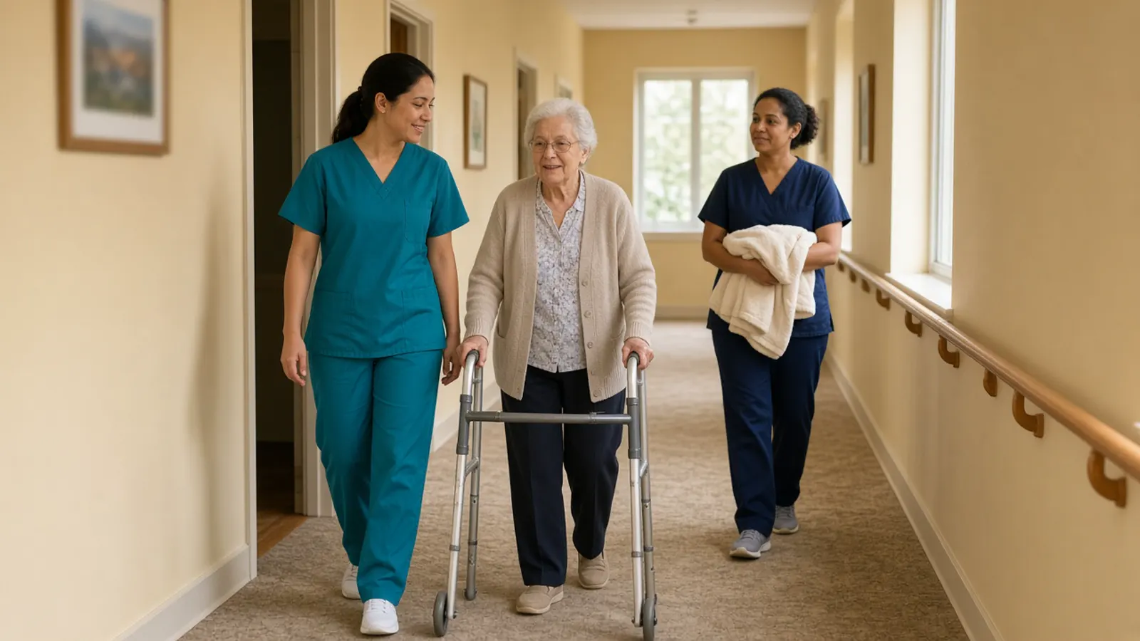 A nurse and a personal support worker walk with an older woman using a walker in a long-term care hallway.