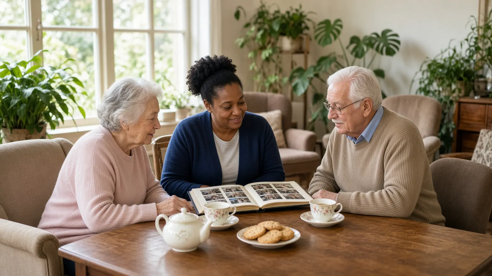 A personal support worker has tea with two older adults in a lounge.