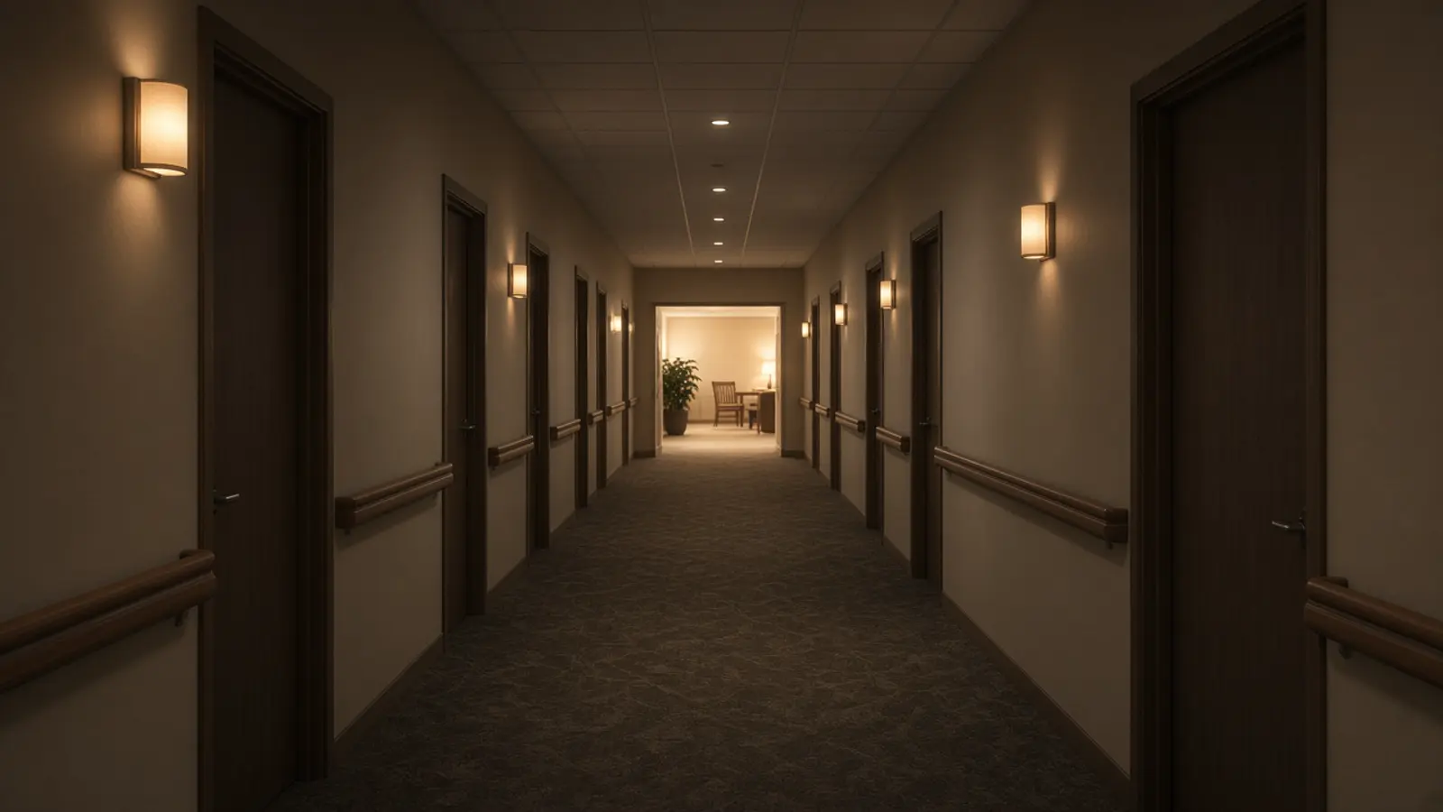An empty long-term care hallway at night, lit by warm wall lights.